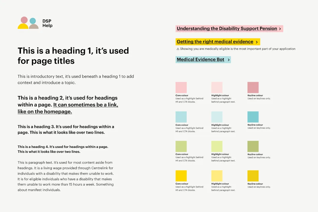 An example of some of the styles and colours used in the redesign