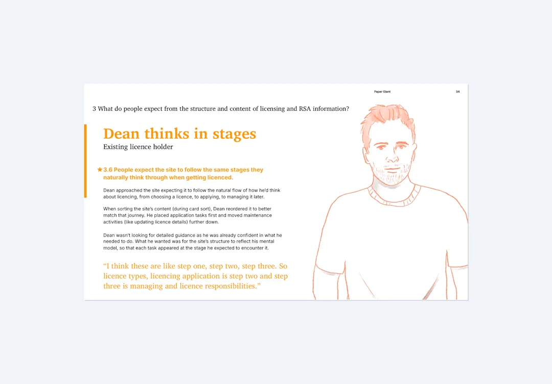 Persona case study: Dean, an existing licence holder who thinks in stages