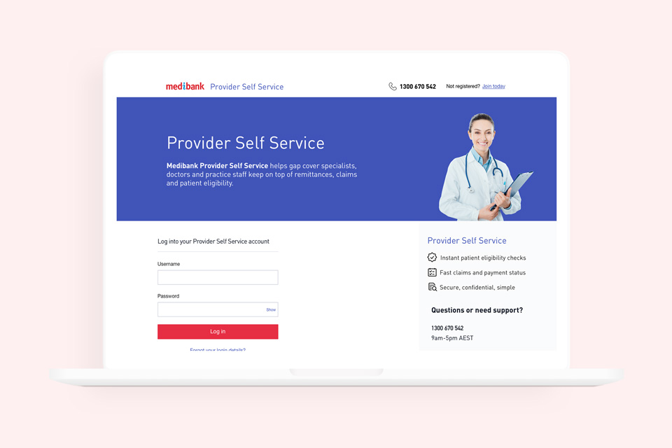 The login page for the provider self service portal that highlights the three key advantages of the service which are instant eligibility checks, fast claims and payments statuses and that it's secure, confidential and simple.