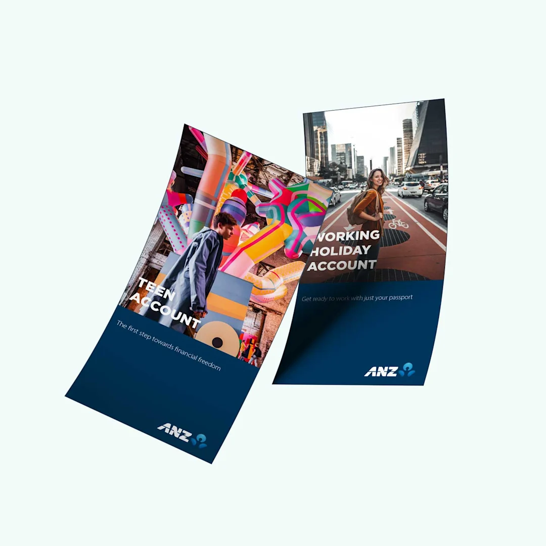 A prototype of some leaflets used to test new account propositions with potential ANZ customers