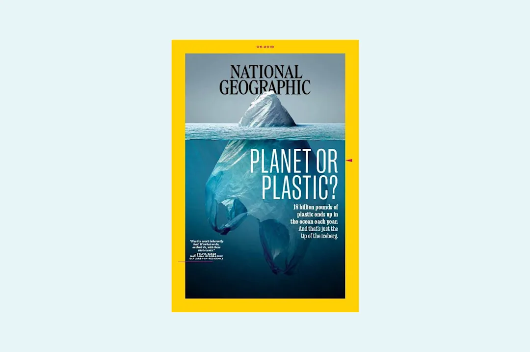 National Geographic magazine cover showing abstract image of an iceberg depicted as a plastic bag below the water