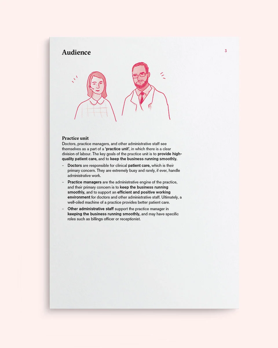 A page from the communications strategy highlighting the key audience of the practice unit - made up of Doctors, Practice Managers and Administration.