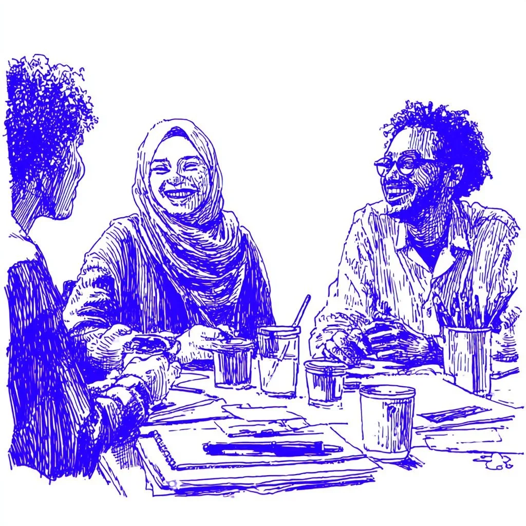 Illustration of community members talking around a table