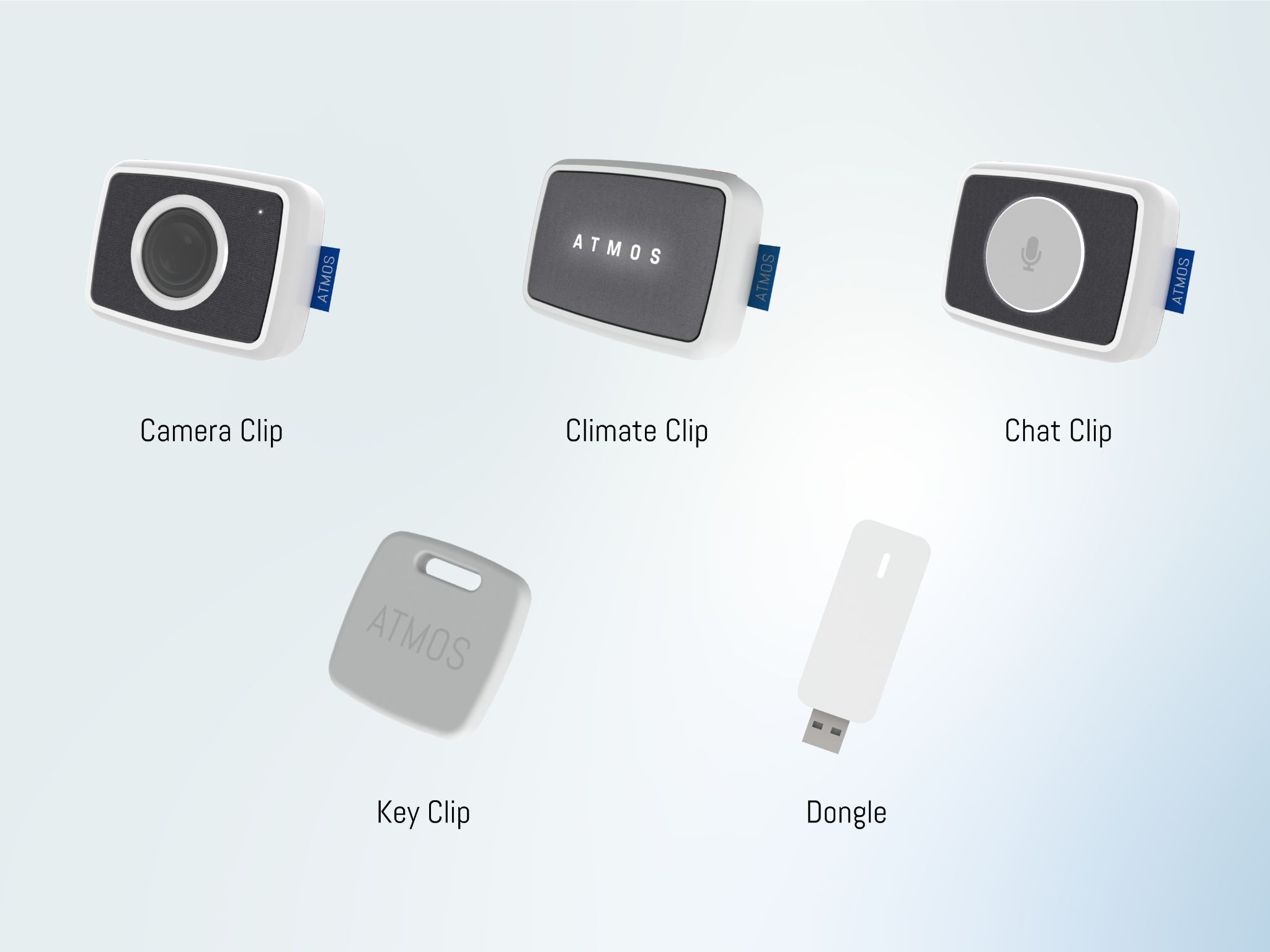 The ATMOS ecosystem — Camera Clip, Climate Clip, Chat Clip, Key Clip, and Dongle