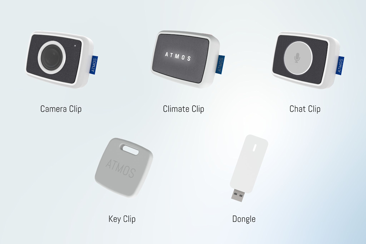The ATMOS ecosystem — Camera Clip, Climate Clip, Chat Clip, Key Clip, and Dongle