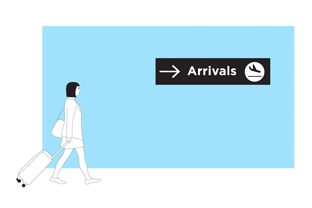 Illustration of a woman walking through an airport to the arrivals gate.