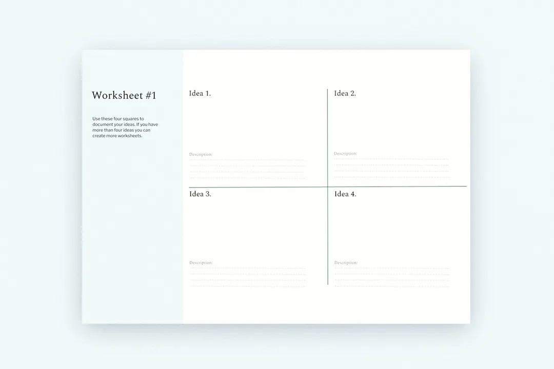 An idea generation worksheet that participants used with 4 idea spaces and instructions.