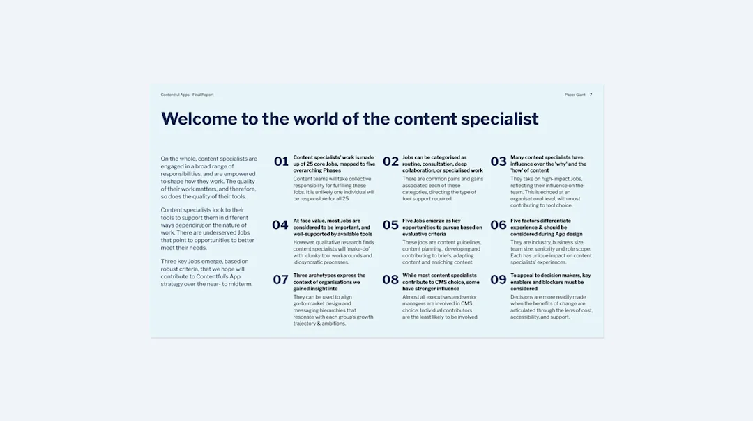 Nine key findings from our research, mapping 25 core Jobs to Be Done across five phases of the content creation journey