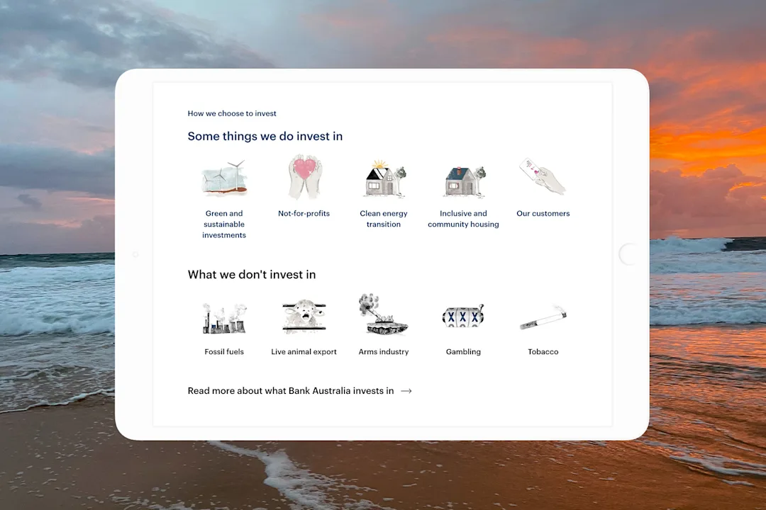 A screenshot showing what Bank Australia does and doesn't invest in.
