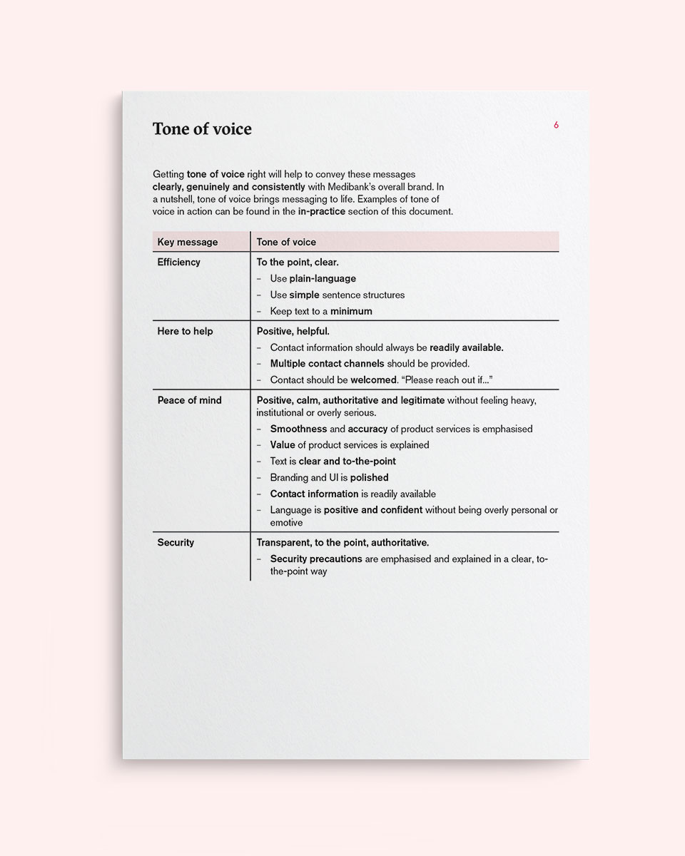 A page from the communications strategy talking about tone of voice for four key messages - efficiency, here to help, peace of mind and security.