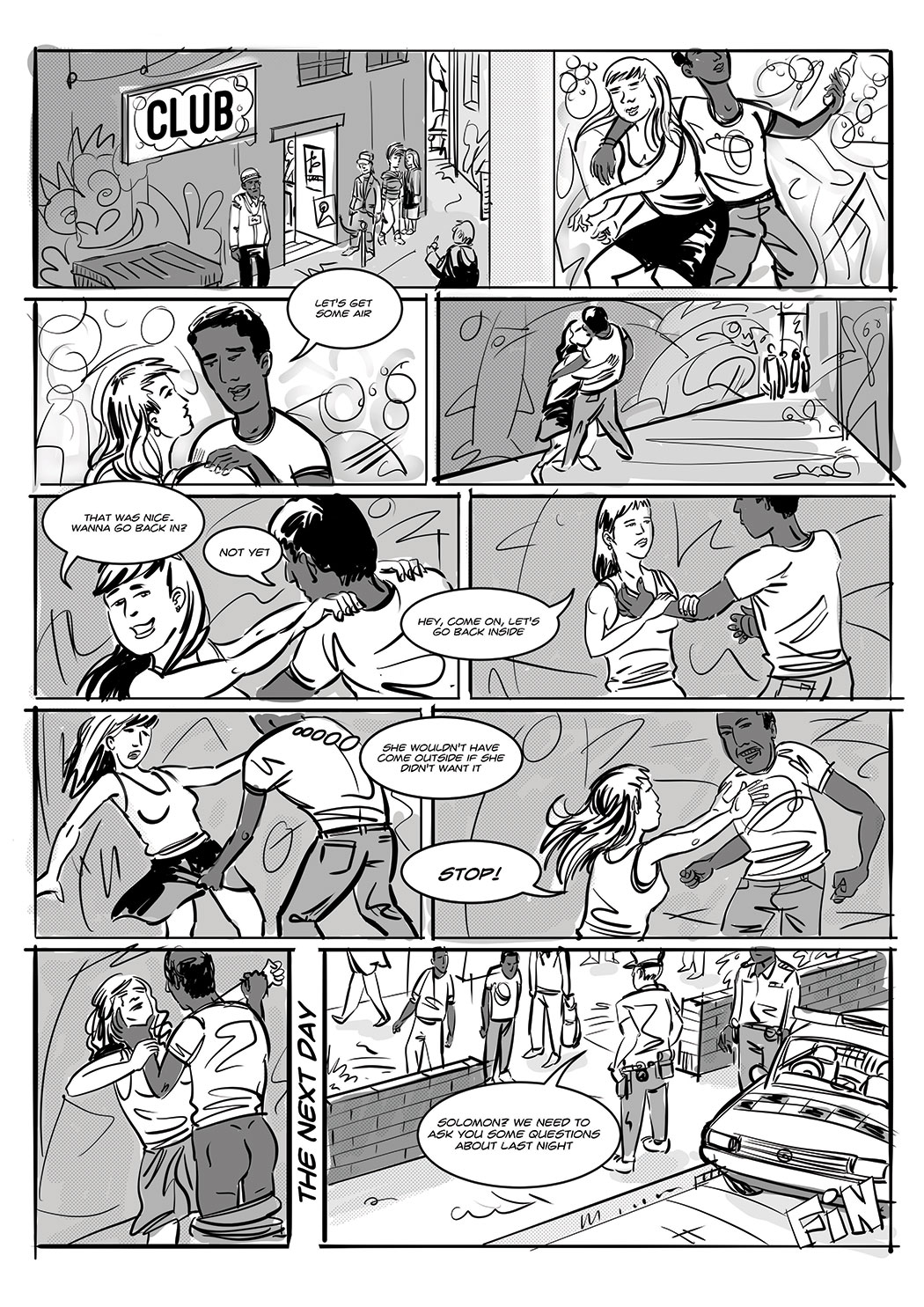 A comic showing a club scene and Solomon sexually assaulting Sally in the lane