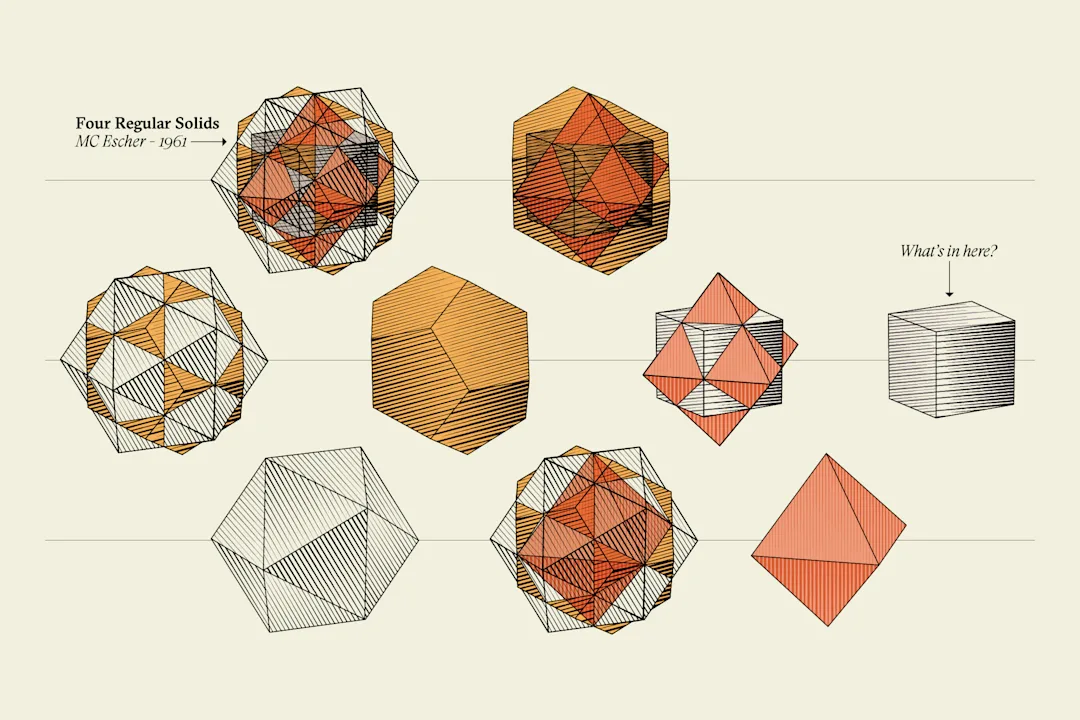 My personal attempt at deconstructing MC Escher’s Four Regular Solids — which is in the one in the top left