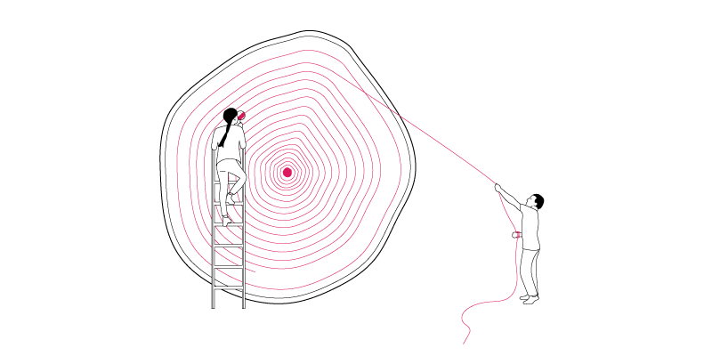 Illustration by Wendy Fox. a large tree stump. the line around the tree is a long piece of string being directed by two people