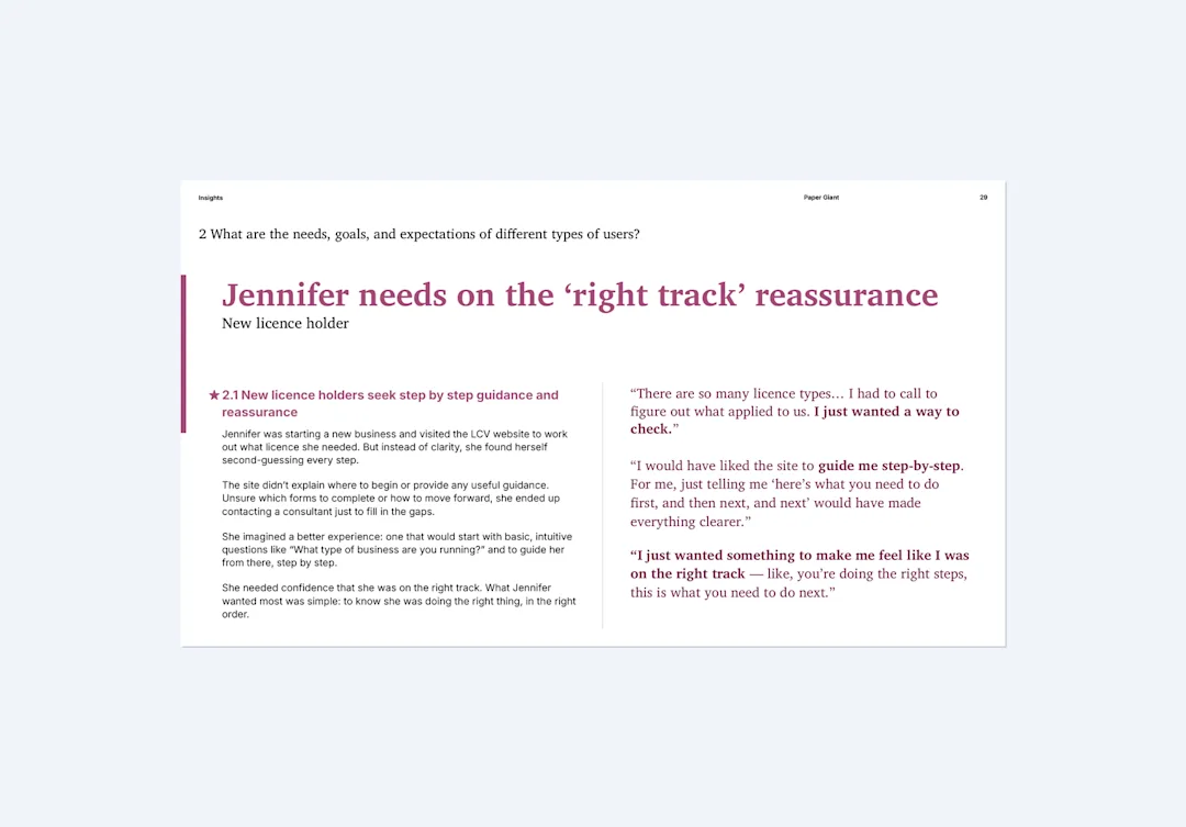 Persona case study: Jennifer, a new licence holder who needs reassurance