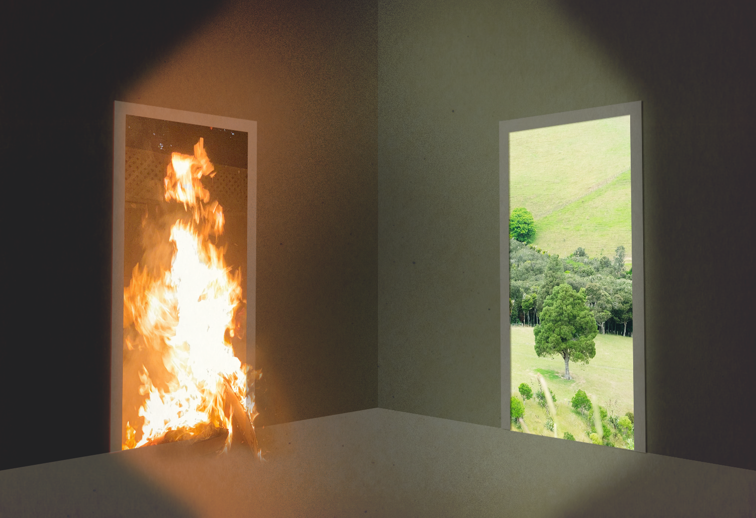 An image of two doors. The door on the left is full of flames. the doorway on the right side leads to a green meadow full of trees. Illustration by Jess Allison