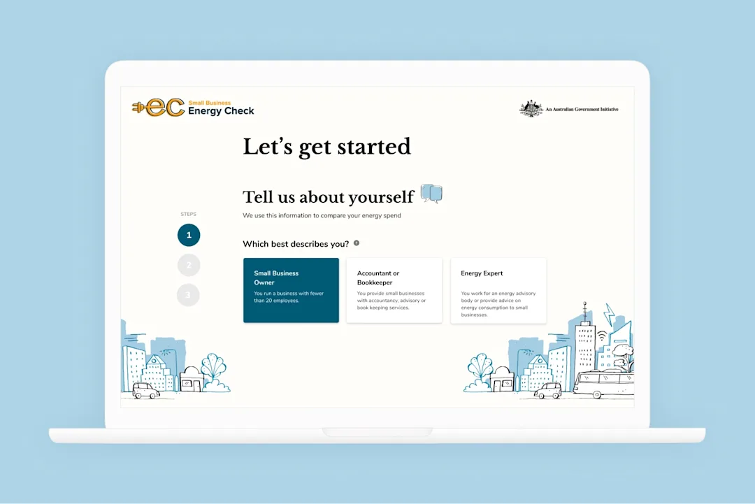 A screenshot of the energy check website that says "Let's get started" and then there are a few questions that help understand a small businesses energy usage.