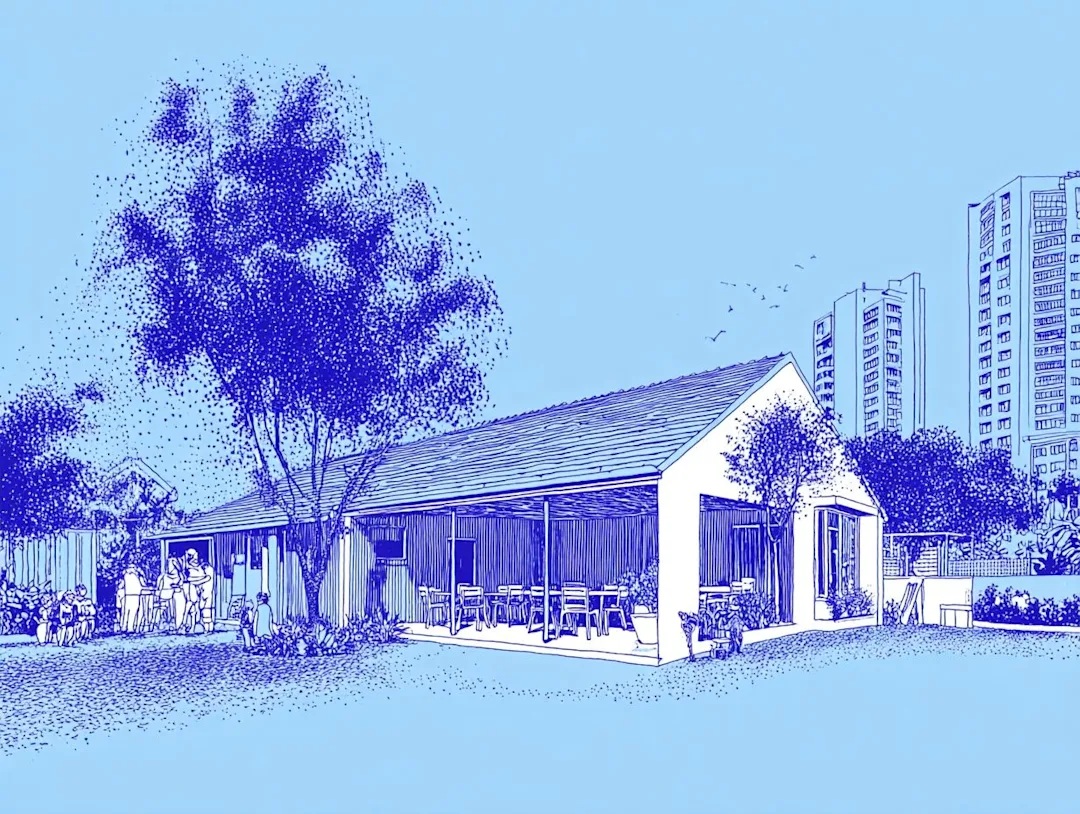 Illustration of a neighbourhood house with apartment towers rising behind it