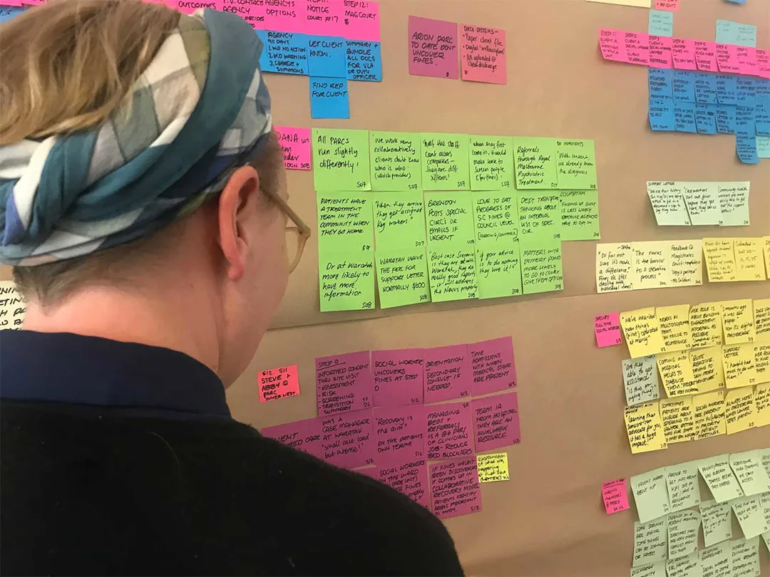 Photo of a woman looking at a wall of post-it notes. The wall is covered in insights and quotes from user research. 