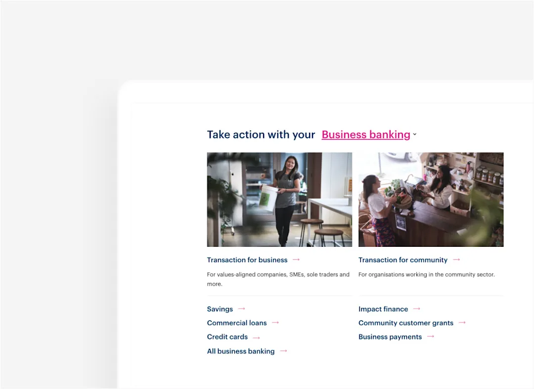 A screenshot showing the business banking options.