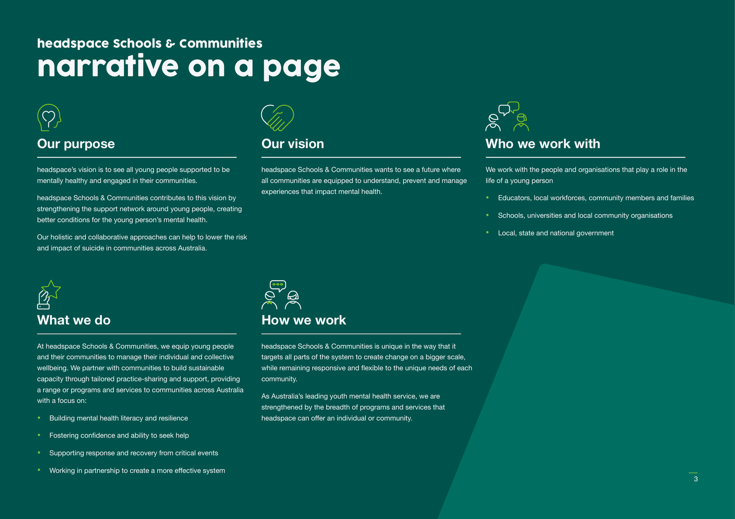 Full framework overview showing purpose, vision, audiences, approach and focus areas
