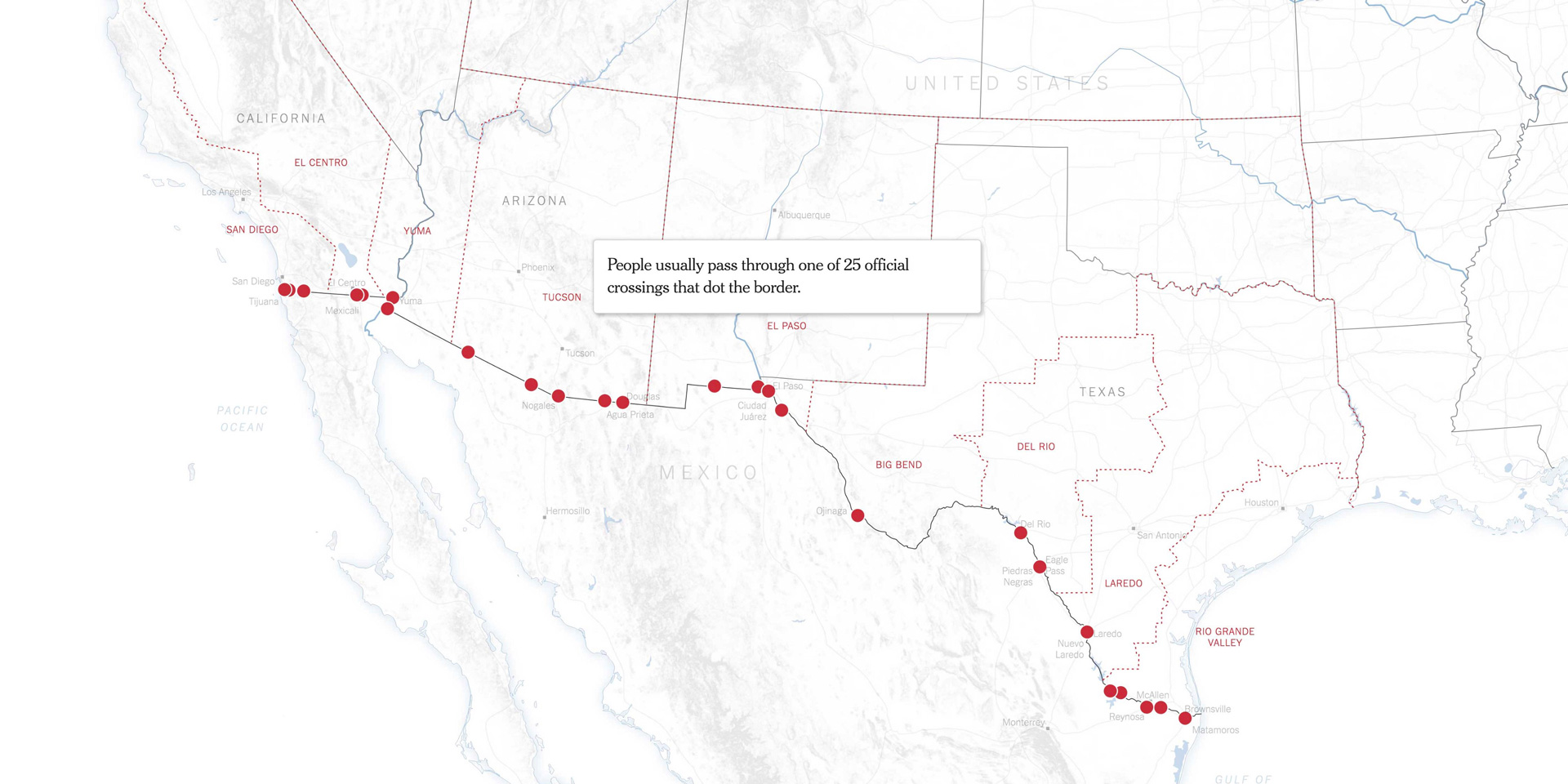 A map of the border between Mexico and the USA detailing different stories about the border and its crossings.