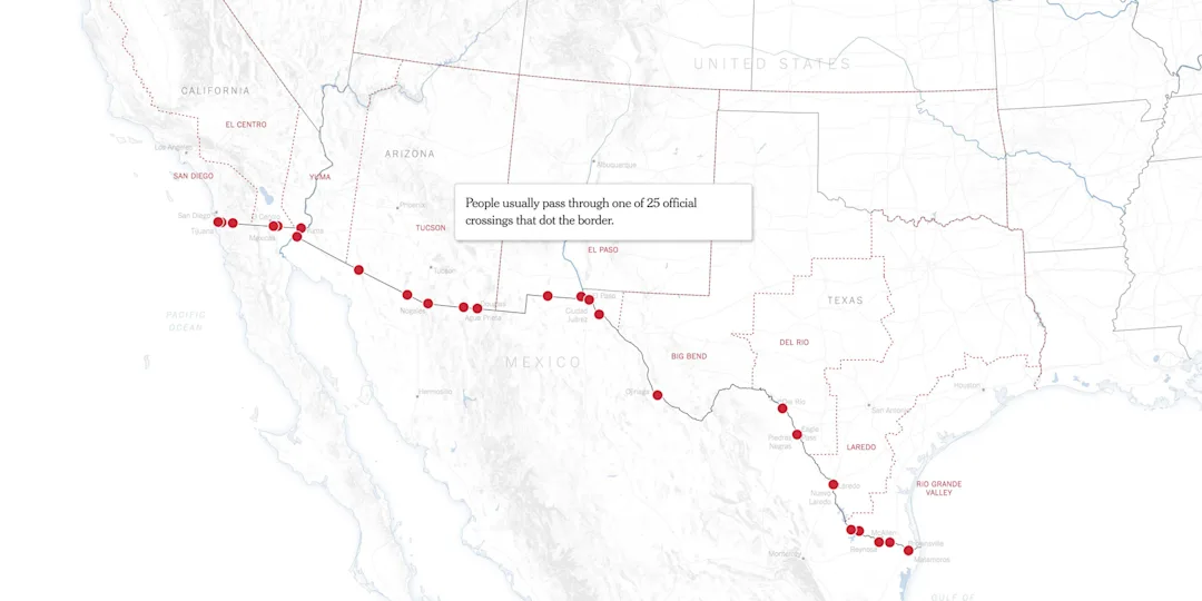 A map of the border between Mexico and the USA detailing different stories about the border and its crossings.