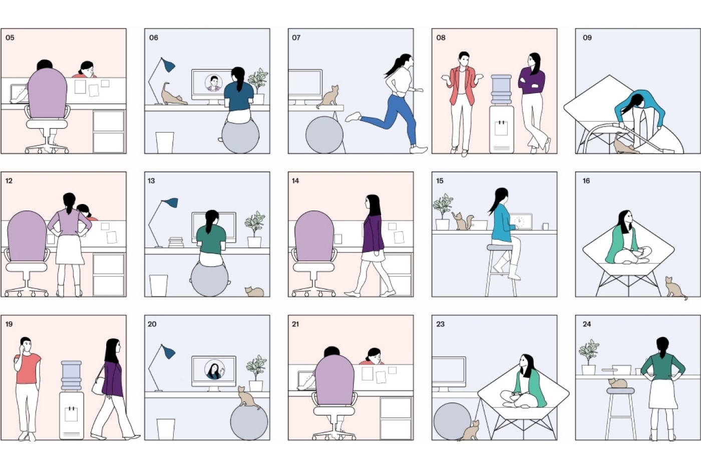A calendar shows a person working in a different work setting for each day