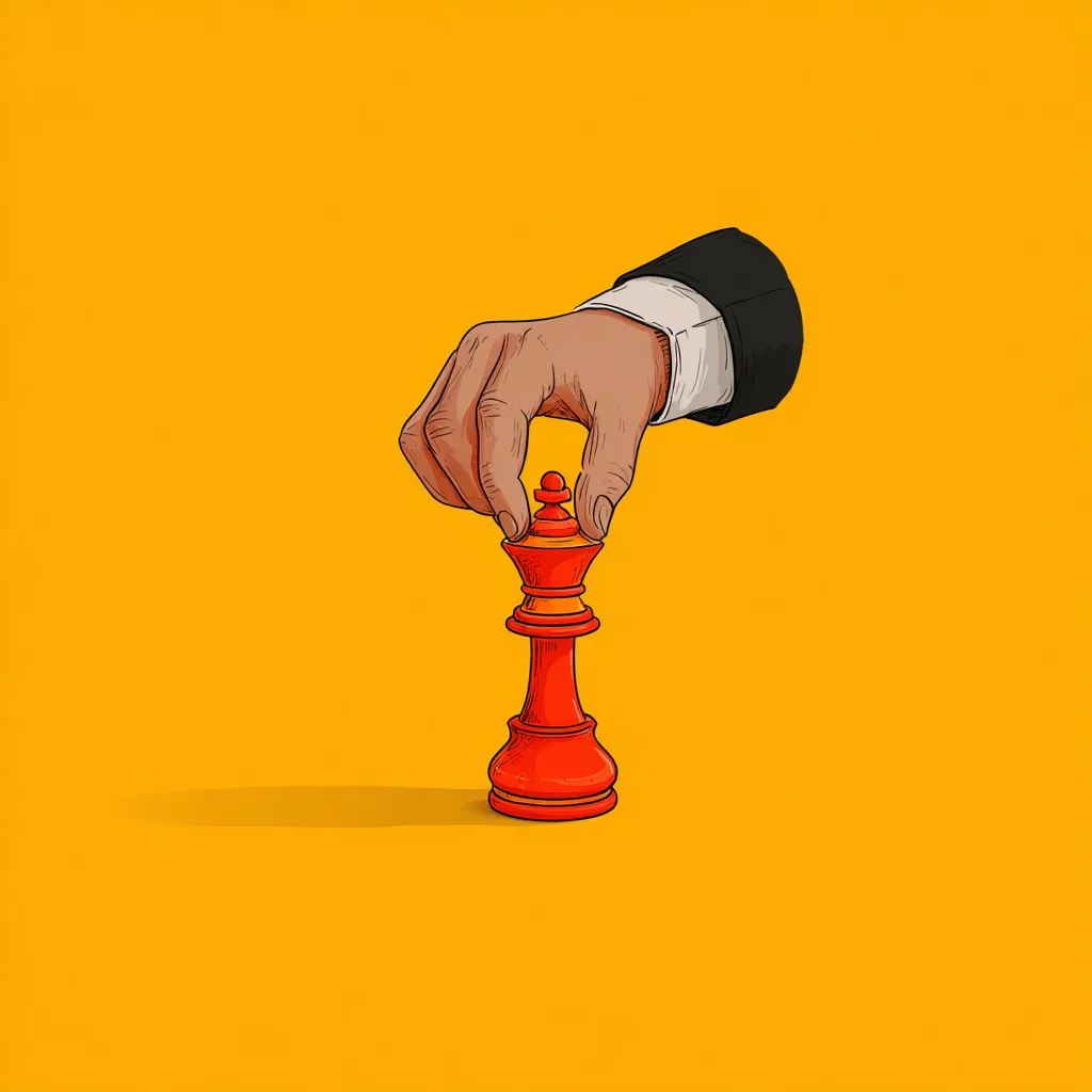 A suited hand moving a red chess piece on a yellow background — a visual metaphor for strategic design as deliberate, considered moves