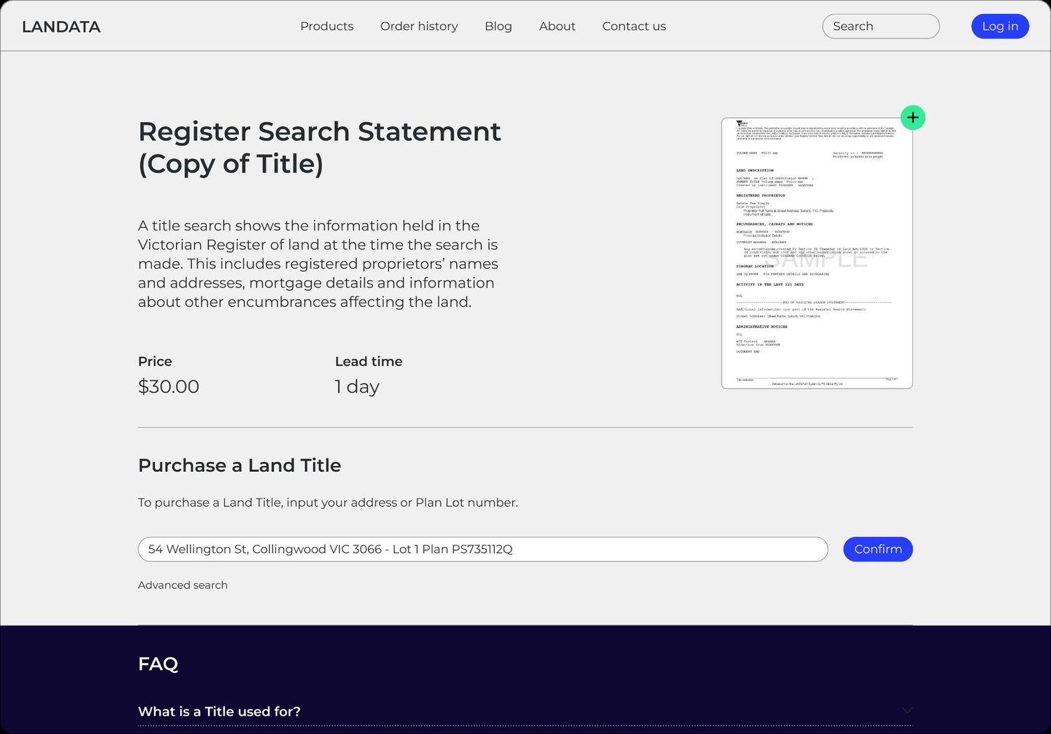 Register Search Statement product page with purchase flow