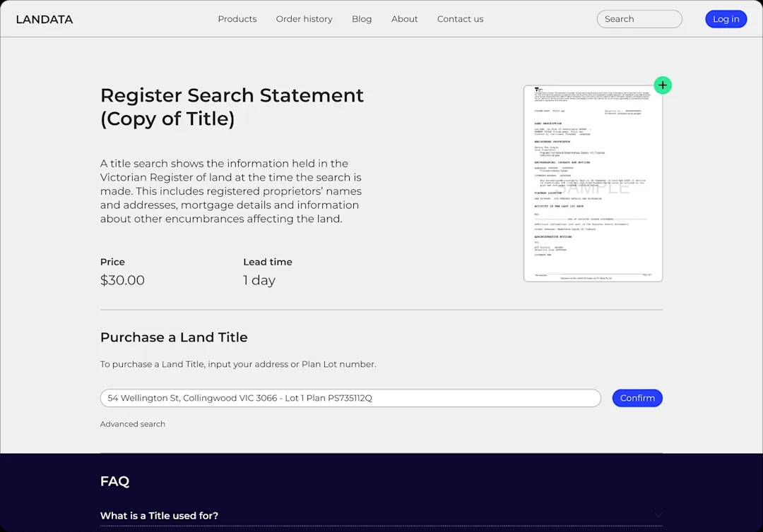 Register Search Statement product page with purchase flow