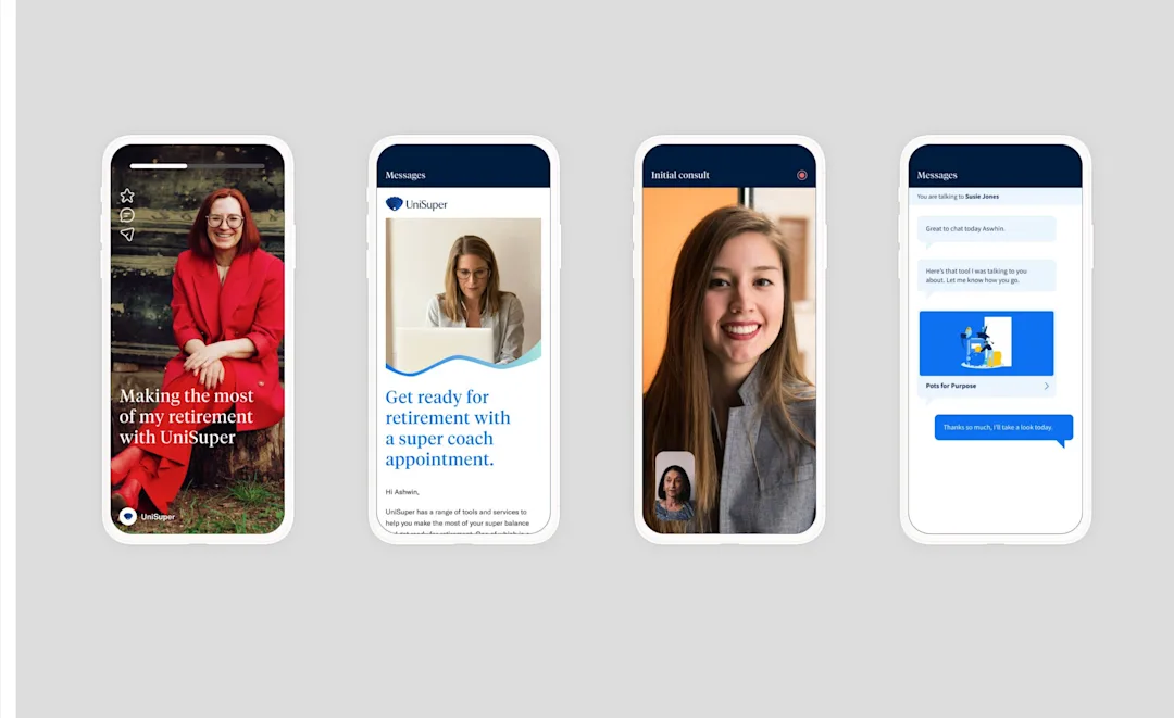 Four service concepts tested with UniSuper members, shown as mobile screens