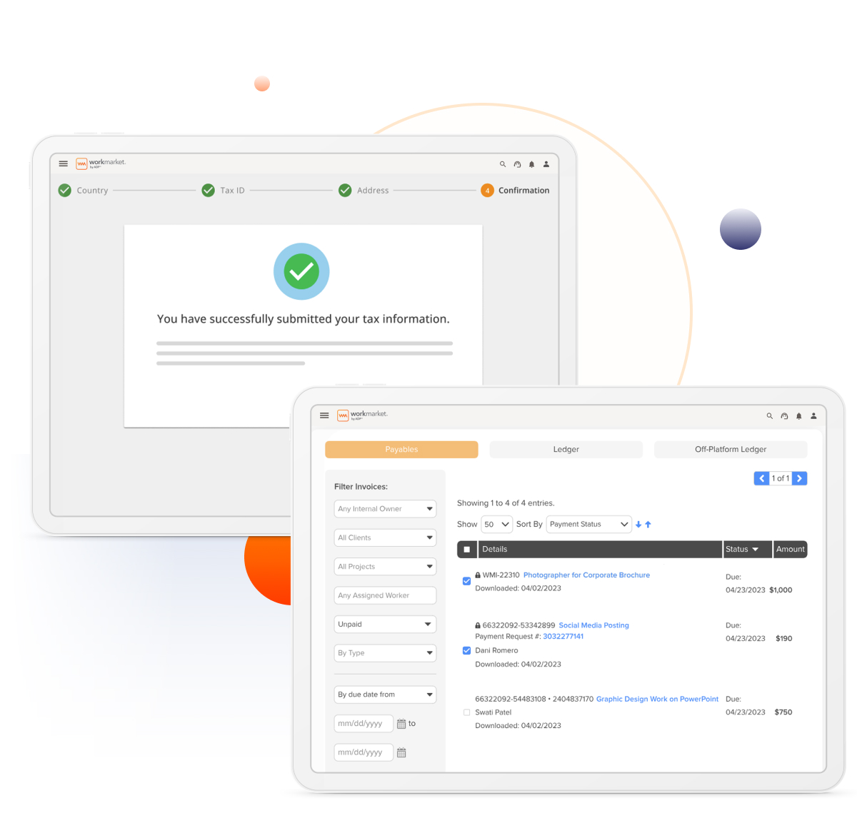 WorkMarket interfaces showing a list of invoices and a tax information submission confirmation screen