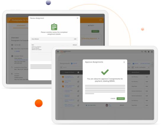 WorkMarket interfaces showing review and approve assignment screens