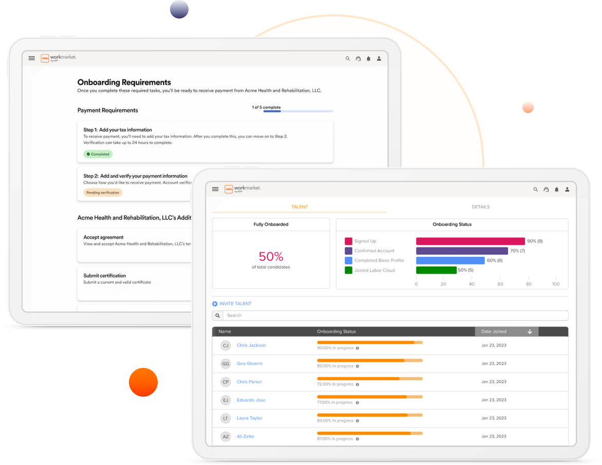 WorkMarket interface showing onboarding requirements and talent dashboard