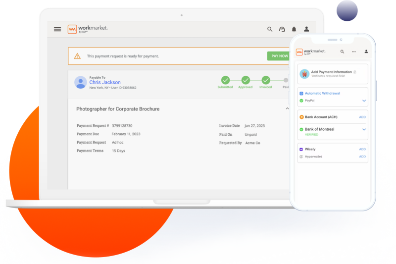 WorkMarket interface showing payment preferences in desktop and mobile screens