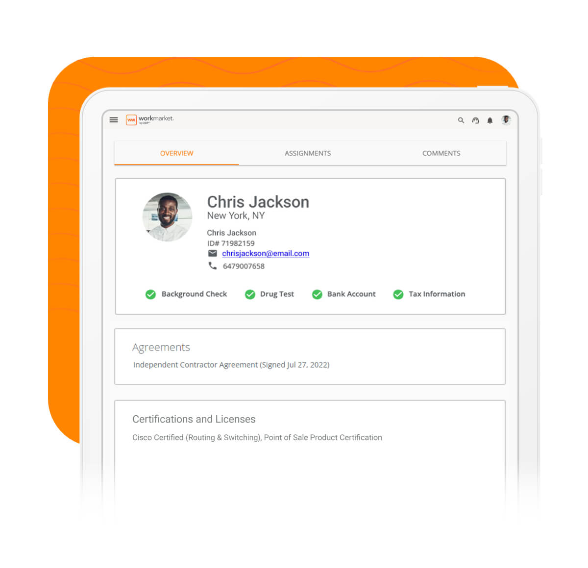 WorkMarket interface showing a contractor profile with completed requirements, agreements and certifications.