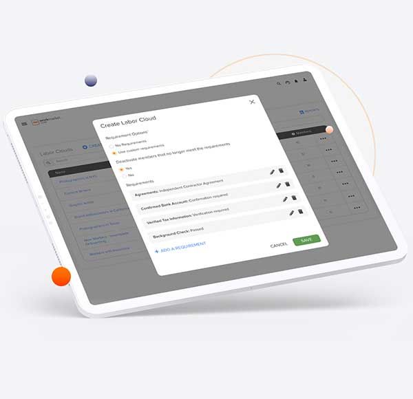 WorkMarket interface showing the screen to add requirements to a labor cloud