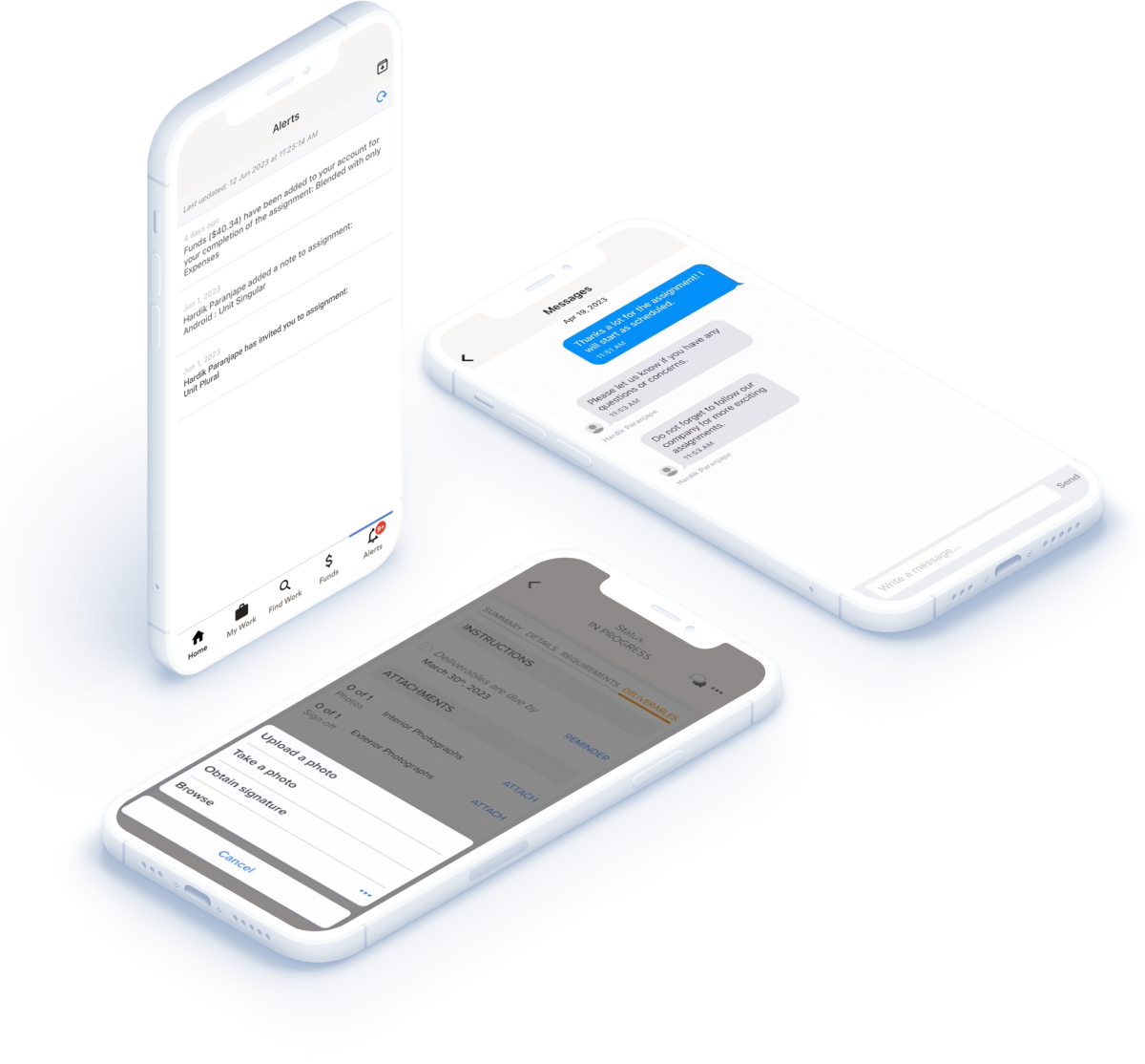 3 mobile WorkMarket mobile screens showing messages, upload and alert functionality