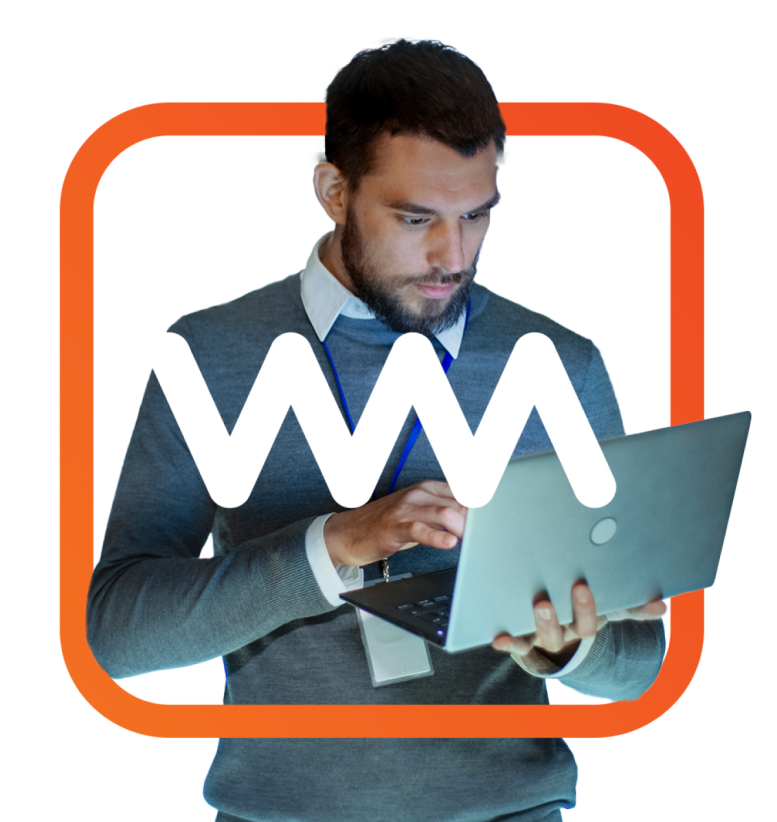 Young businessman looking down at a laptop with a WorkMarket logo