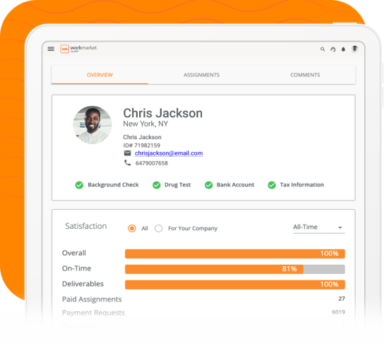 WorkMarket interface showing a contractor profile with satisfaction ratings