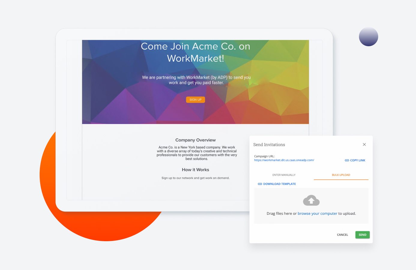 2 WorkMarket interfaces showing the send and receipt of invitations to join WorkMarket