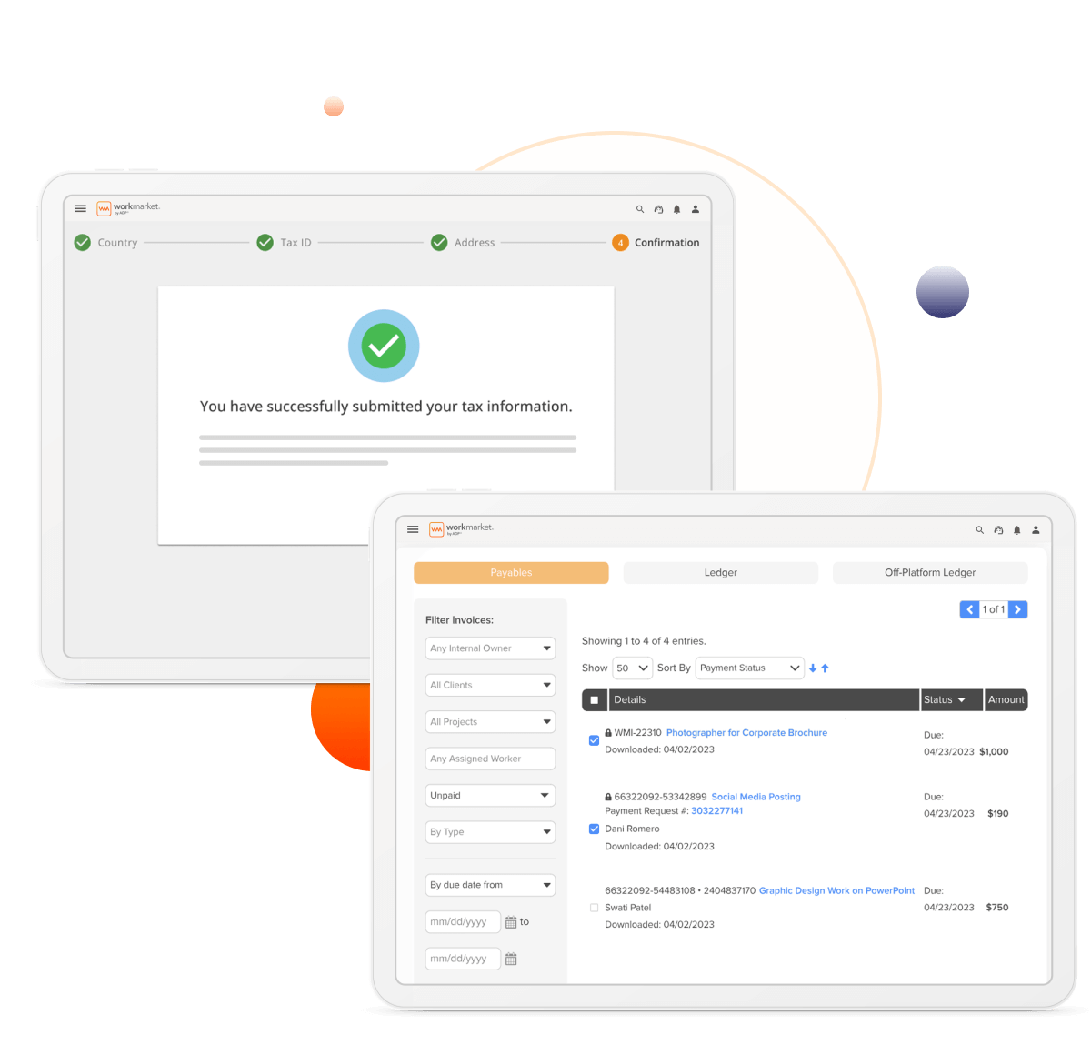 WorkMarket interfaces showing a list of invoices and a tax information submission confirmation screen