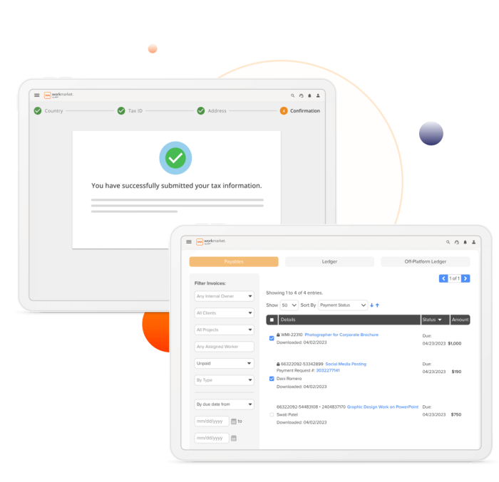 WorkMarket interfaces showing a list of invoices and a tax information submission confirmation screen