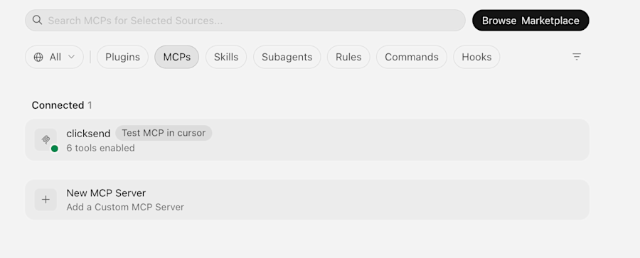Cursor-MCP-settings-ClickSend-active