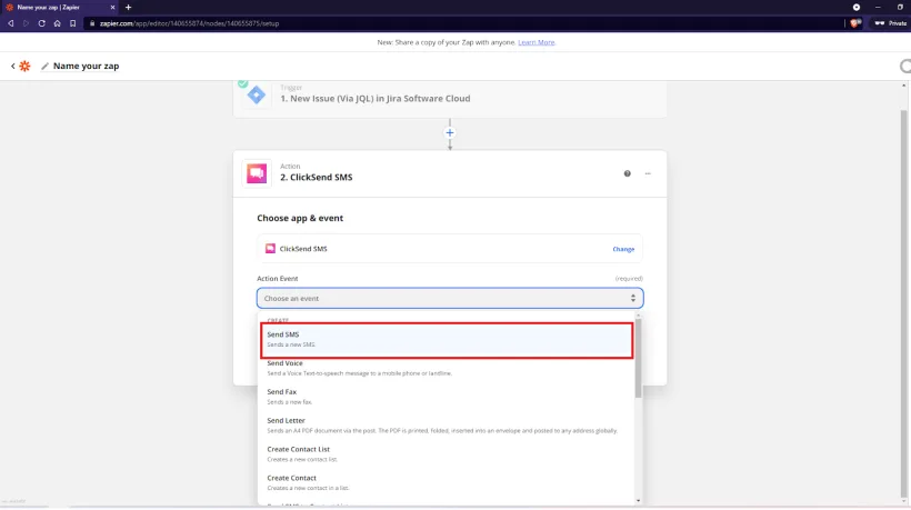 Screenshot showing possible ClickSend Actions in a Zap