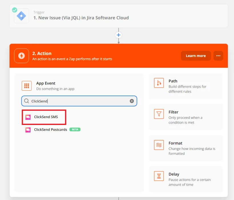 Screenshot showing ClickSend Action setup in Zapier