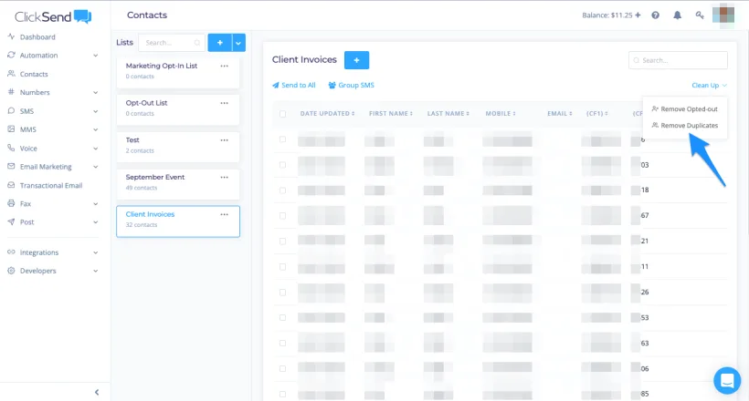 Screenshot showing remove duplicates function in ClickSend dashboard