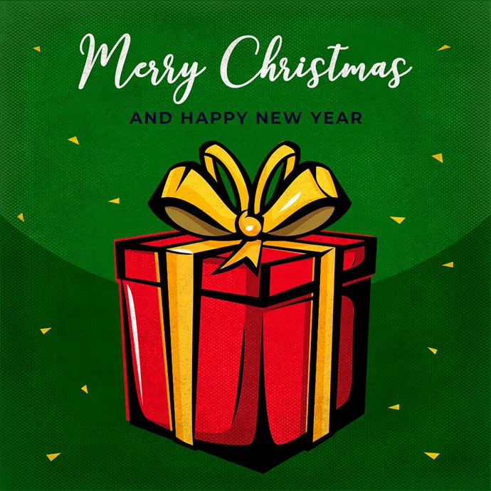 'Merry Christmas and happy new year' on dark green background with red gift