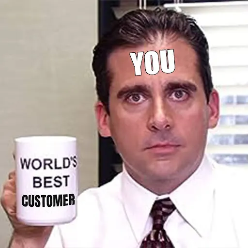 Thank you MMS meme with Steve Carrell from the office, holding mug with 'World's best customer'