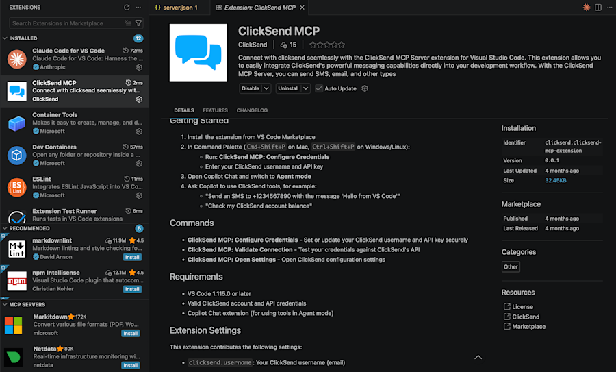 ClickSend MCP Extension Visual Studio Code
